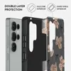 A disassembled phone case is shown, highlighting its double-layer protection with silicone interior and hard shell exterior. The exterior features a teddy bear pattern. Podgląd zdjęcia produktu