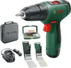 A Bosch cordless drill set with accessories, including a charger, carrying case, and drill bits, displayed on a white background. Produktbild-Vorschau