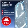 Close-up of white LED lights on a blue string with falling snow effect, with marketing text and icons on the left. Voir les images du produit