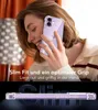 A woman is holding a clear phone case with a purple iPhone inside up to her ear, as if talking on the phone. Below this, there is a close-up of the phone case, highlighting its slim profile. Anteprima dell’immagine prodotto