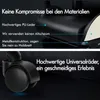 Close-up of a chair's materials and wheels with German text overlays. Produktbild-Vorschau