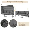 An instructional image showing a gray outdoor sofa with a canopy that can be folded up. It also shows a close-up of the folding mechanism and the fabric cover. Podgląd zdjęcia produktu