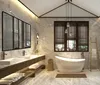 A luxurious, modern bathroom with marble walls and floors, featuring a freestanding bathtub, a double vanity with sinks, and wooden accents. Produktbild-Vorschau
