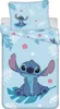A light blue duvet cover and pillowcase set featuring Stitch from Lilo & Stitch, surrounded by tropical leaves and flowers. Produktbild-Vorschau
