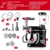 A collage of a black multi-functional kitchen machine and its various attachments, with numbered labels and corresponding text descriptions. Anteprima dell’immagine prodotto