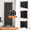 A collage showing a black fabric room divider with wheels, with close-up detail of a connector buckle and different folding configurations. Náhled obrázku produktu
