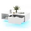 A white coffee table with an open drawer and blue LED lighting underneath.