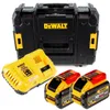 A DeWALT battery charger, two batteries, and a storage case are arranged on a white background. Produktbild-Vorschau
