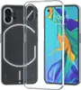 A transparent phone case is shown next to a smartphone. Produktbild-Vorschau