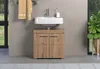 A modern bathroom vanity with a white sink and wooden cabinet, set against a gray wall with a window and plant in the background. Produktbild-Vorschau
