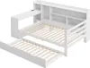 A white daybed with a pull-out trundle bed, a built-in bookshelf, and a desk with a charging station. Produktbild-Vorschau