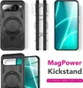 A collage of images showcasing a black phone case with a kickstand and MagSafe compatibility, along with a smartphone displaying a colorful wallpaper. Produktbild-Vorschau