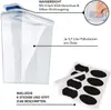 A clear plastic storage container with a blue lid, shown with descriptive text and stickers. Anteprima dell’immagine prodotto