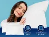 A woman sleeping peacefully on a pillow, with product details displayed in circular icons below. Produktbild-Vorschau