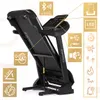 A black Zipro treadmill is shown from a side-angle, with various feature callouts and icons surrounding it. Podgląd zdjęcia produktu