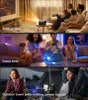 Collage of three scenes showing a projector being used in different settings: solitary time, game time, and outdoor travel. Produktbild-Vorschau