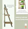 A wooden plant stand with three tiers, shown from the side and with inset images and text highlighting its features. Produktbild-Vorschau