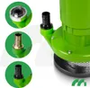 A collage of close-up shots of a green submersible pump, highlighting different connection types, alongside a main image of the pump. Podgląd zdjęcia produktu