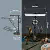 A split image showing a diagram of a desk lamp with dimensions and angles on the left, and a photograph of the desk lamp with art supplies on the right. Náhľad obrázku produktu