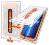 A clear plastic installation guide for a phone screen protector is shown with a phone inside, demonstrating the installation process. Produktbild-Vorschau