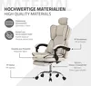 A beige ergonomic office chair with a footrest is shown with callouts highlighting its materials and components. Produktbild-Vorschau