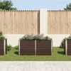 Three brown metal raised garden beds with silver trim are placed on a green lawn in front of a wooden fence and a white pillar. Produktbild-Vorschau