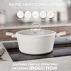 A white pot with a gold handle sits on an induction stovetop, with icons and text indicating its features. Produktbild-Vorschau