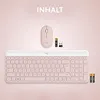 A pink Logitech keyboard and mouse set with batteries and a USB receiver on a light pink background. Produktbild-Vorschau