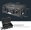 A black trolley case with dimensions indicated by text overlays. Produktbild-Vorschau