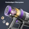 Close-up of a cordless vacuum cleaner, highlighting its filtration system with illustrative circles showing dust particles. Produktbild-Vorschau