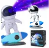 A collage of product images showing a star projector shaped like an astronaut on a rocket, and its packaging. Náhled obrázku produktu