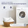 A washing machine and a basket of pillows are shown, with text overlays highlighting product features. Produktbild-Vorschau
