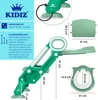 A collage of images showing a green and white children's toilet trainer with dimensions and features highlighted. Produktbild-Vorschau