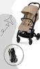 A collage showing a beige Cybex Gold Kinderwagen Beezy stroller in an open and folded state, with a graphic of an airplane and dotted line. Anteprima dell’immagine prodotto