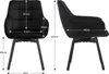 Two views of a black velvet dining chair with dimensions indicated by measurement lines and text. Voir les images du produit