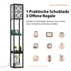 A floor lamp with shelves and a drawer, shown with various decorative items and electronic devices on the shelves. Icons illustrating potential uses are displayed to the right. Podgląd zdjęcia produktu