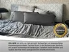A bed with pillows and a headboard, with a marketing badge and text overlay. Produktbild-Vorschau