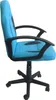 A side view of a light blue ergonomic office chair with black accents and a five-star base with wheels. Produktbild-Vorschau