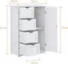 A white cabinet with four drawers and an open door, showing dimensions. Náhled obrázku produktu