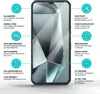 A smartphone screen protector with various features highlighted by text and icons. Produktbild-Vorschau