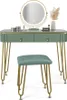 A green vanity table with a lighted mirror and a matching stool, set against a white background. Produktbild-Vorschau