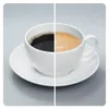 A white coffee cup and saucer, split down the middle to show black coffee on one side and coffee with milk on the other. Produktbild-Vorschau