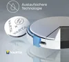 A close-up, cutaway view of a VARTA button cell battery, highlighting its internal structure and leak-proof technology. Voir les images du produit