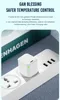 A close-up shot of a white power strip with a white USB charger plugged into it, with text overlay describing its features. Produktbild-Vorschau