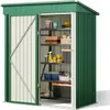 An open green metal storage shed with shelves filled with various items. Anteprima dell’immagine prodotto