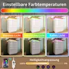 A product image showcasing a white dresser with LED lighting in different color temperatures and brightness settings, controlled via a smartphone app. Náhled obrázku produktu
