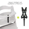 A white high chair with a black safety harness and a plus symbol. Podgląd zdjęcia produktu
