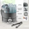 A product collage showcasing a baby bottle sterilizer and its features, with accompanying text and smaller inset images. Produktbild-Vorschau