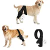 A collage of images showing a dog wearing a black knee brace on its hind leg, and a close-up of the brace itself. Produktbild-Vorschau