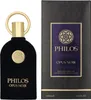 A black bottle of PHILOS OPUS NOIR Eau de Parfum and its matching black box with a purple label are displayed side-by-side against a white background. Voir les images du produit